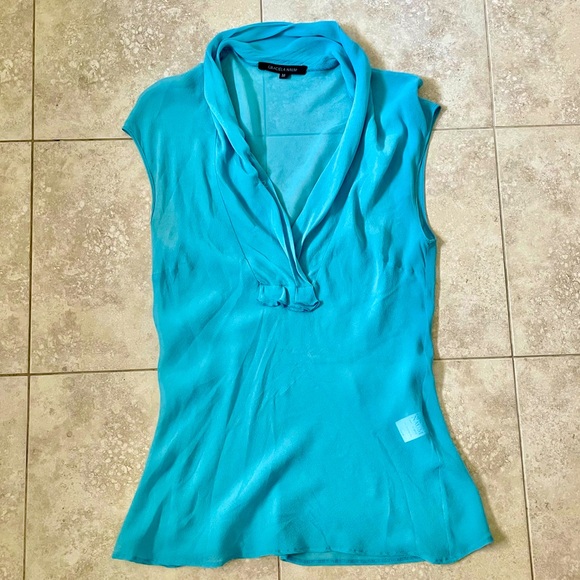 Sheer Silk Turquoise V-Neck Blouse, Women’s Size M - Picture 2 of 12